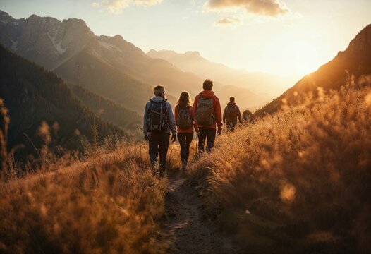 Group of tourists hikers with backpacks walks in mountains