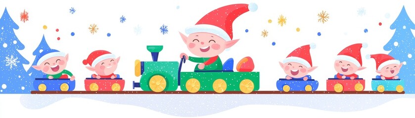 Fototapeta premium Funny elf rides a toy train while kids laugh joyfully in a minimalist winter scene