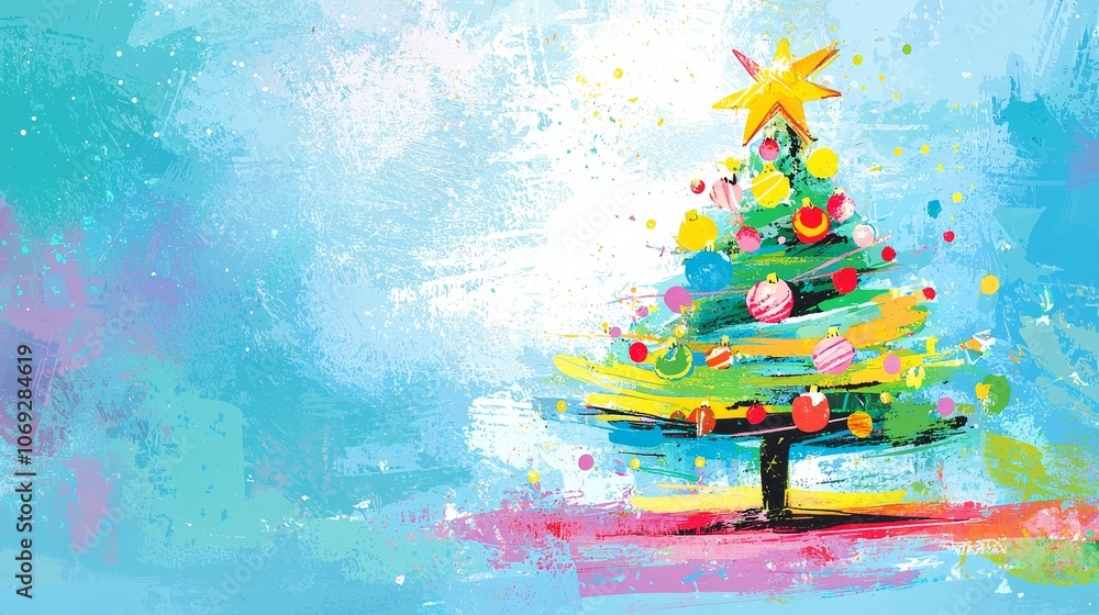 Poster create a whimsical handdrawn christmas background featuring a colorful tree with ornaments