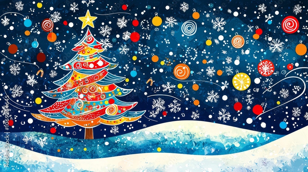 Poster create a whimsical handdrawn christmas background with a vibrant tree and festive elements