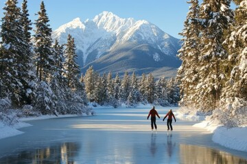 Couple ice skating on a frozen lake surrounded by mountains