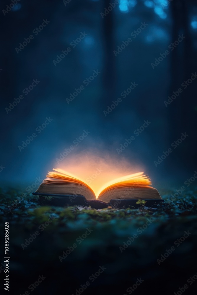 Poster glowing open book in a dark forest setting