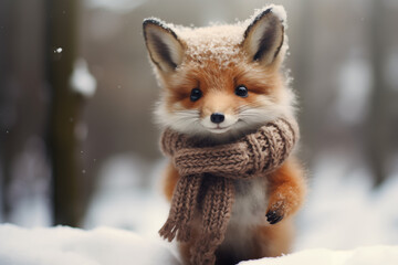 Fototapeta premium A cute fox in a scarf standing in the snow during winter, showcasing its charming features and fluffy fur