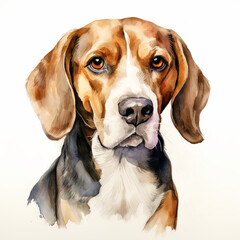 Realistic watercolor portrait of a beagle dog with soulful brown eyes, capturing the loyal and gentle expression of this beloved breed, ideal for pet-themed art and decor