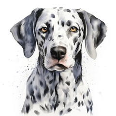 Detailed watercolor portrait of a Dalmatian dog with striking black spots, capturing the elegance and unique charm of this iconic breed, ideal for pet and animal art collections