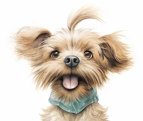 Charming watercolor illustration of a joyful, fluffy dog with big expressive eyes and a playful expression, wearing a blue bandana