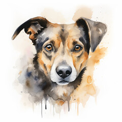 Expressive watercolor portrait of a dog with soulful eyes and gentle demeanor, capturing the calm and introspective side of a loyal companion