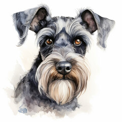 Charming watercolor portrait of a miniature schnauzer dog with expressive eyes and a distinctive beard, showcasing personality and warmth