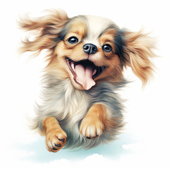 Vibrant watercolor illustration of an exuberant small dog running happily, with flowing fur and an infectious smile, capturing joy and playfulness