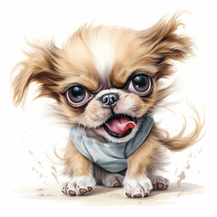 Playful watercolor illustration of an adorable, big-eyed puppy with a mischievous expression, tongue out and wearing a tiny blue bandana, full of charm and humor