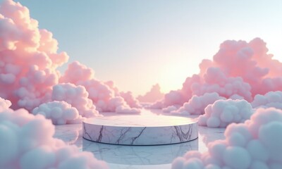 Ethereal pastel sky dreamy clouds circular marble pedestal