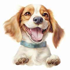 Adorable watercolor illustration of a cheerful puppy with a big smile, floppy ears, and a blue collar, radiating joy and happiness in a playful portrait
