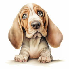 Charming watercolor illustration of a basset hound puppy with soulful eyes and long floppy ears, showcasing an adorable and endearing expression in a playful portrait