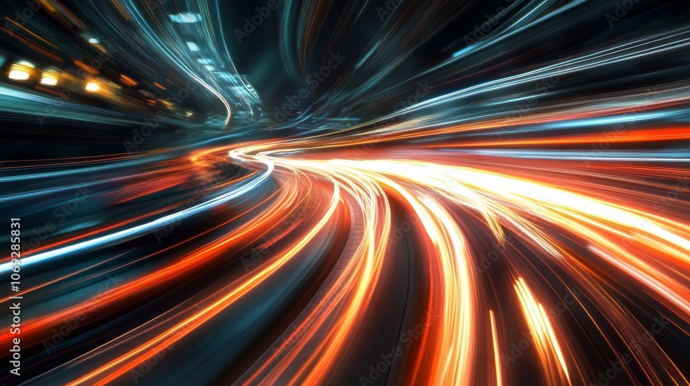 Poster a mesmerizing display of vibrant light trails in motion, creating a dynamic sensation of speed and e