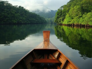 A wooden boat glides through a tranquil river surrounded by lush greenery, offering a serene escape into nature.