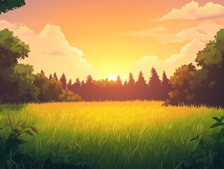 Obraz premium Golden hour casts a warm glow over a grassy field, with a line of trees silhouetted in the distance.