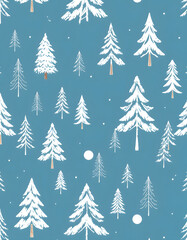 Obraz premium Seamless pattern with various hand drawn winter trees covered by snow on blue background. Backdrop with cartoon snowy forest. Modern vector illustration for wallpaper, wrapping paper, textile print,