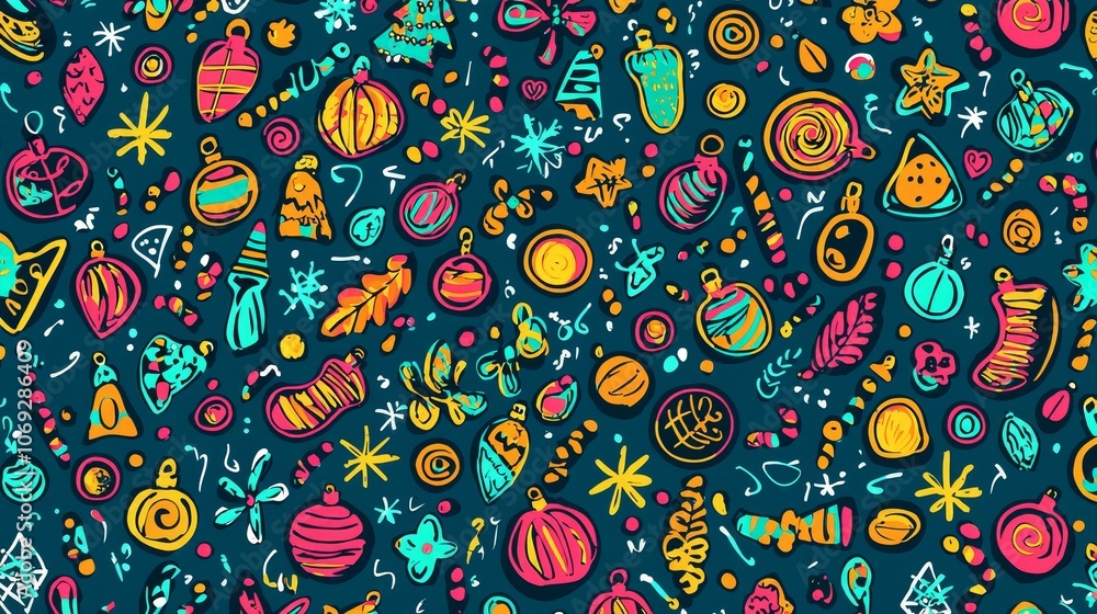 Poster create a festive atmosphere with handdrawn christmas background featuring colorful ornaments and doo