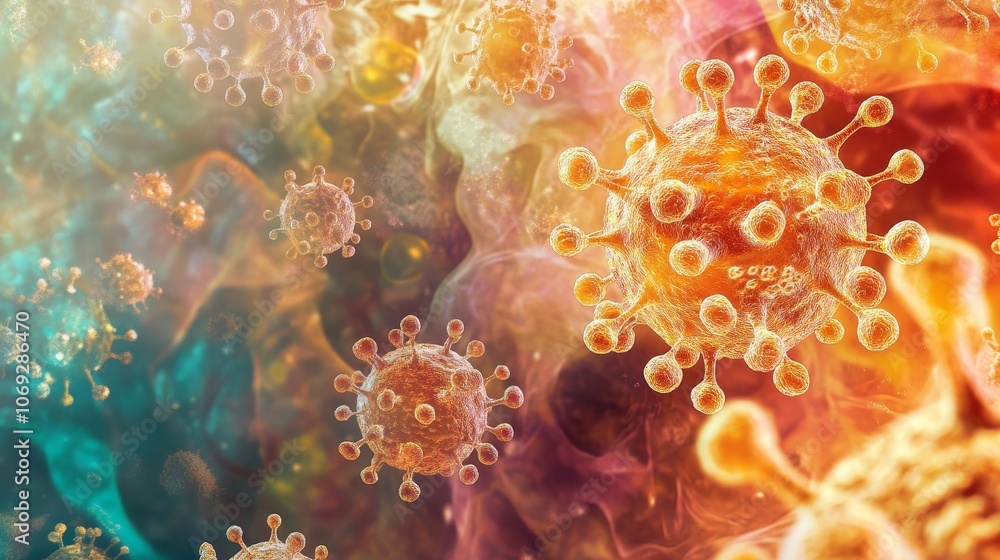Aufkleber a colorful and detailed microscopic view showcasing virus particles, with an intricate structure ref