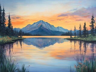 A tranquil lake reflects a stunning sunset over snow-capped mountains, creating a picturesque landscape.