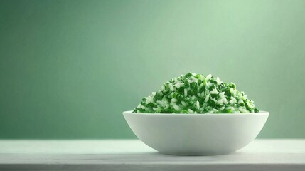Fototapeta premium A white bowl holds green veggies atop a white counter beside a green backdrop