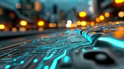 Closeup of a futuristic circuit board with glowing lights and blurred city lights in the background