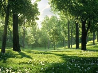 Obraz premium Sunlight streams through the trees in a lush green forest, illuminating the grassy ground with delicate white wildflowers.