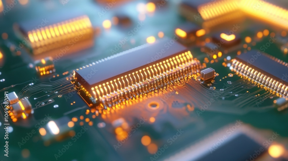 Poster close-up of a computer circuit board with glowing components