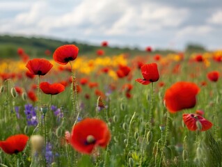 Fototapeta premium A field of bright red poppies sway gently in the breeze, their delicate petals creating a vibrant splash of color against the lush green meadow.