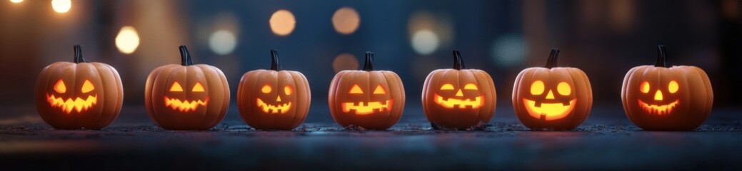 Fototapeta premium Glowing jack-o'-lanterns on a dark background with bokeh lights
