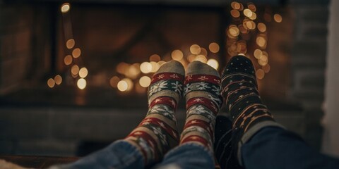 Cozy Couple Relaxing by Fireplace in Festive Socks