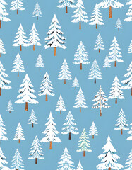 Obraz premium Seamless pattern with various hand drawn winter trees covered by snow on blue background. Backdrop with cartoon snowy forest. Modern vector illustration for wallpaper, wrapping paper, textile print,
