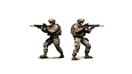 A pair of modern soldiers in tactical gear, one giving commands while the other advances, rifles raised. Stark contrast of urban warfare in a simplified background.


