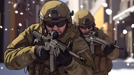 Naklejka premium A pair of modern soldiers in tactical gear, one giving commands while the other advances, rifles raised. Stark contrast of urban warfare in a simplified background.