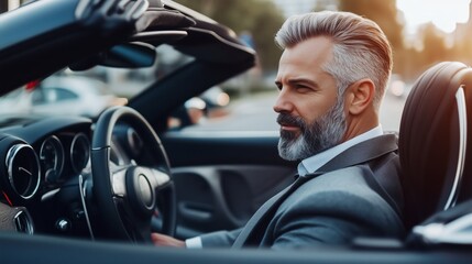 Confident Mature Man with Gray Hair Driving a Luxury Convertible in an Urban Setting
