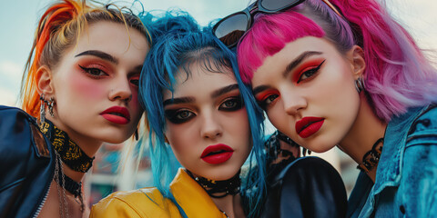 Obraz premium Trendy portrait of young women with bold hairstyles and vibrant fashion