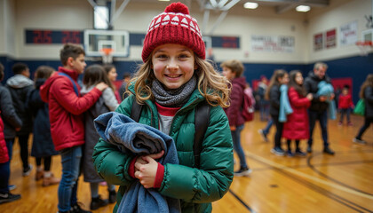 A group of students enthusiastically organizes a holiday coat drive in their school gym, collecting winter coats and clothing to help families in need stay warm during the colder months.