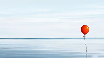  Orange balloon floats in water beneath blue sky and cloudy background