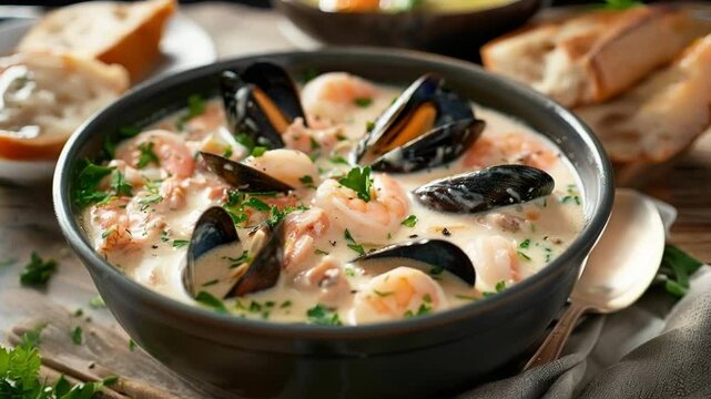 Steaming bowl of clam chowder with bread, mussels, shrimp, and parsley, perfect for a cozy meal