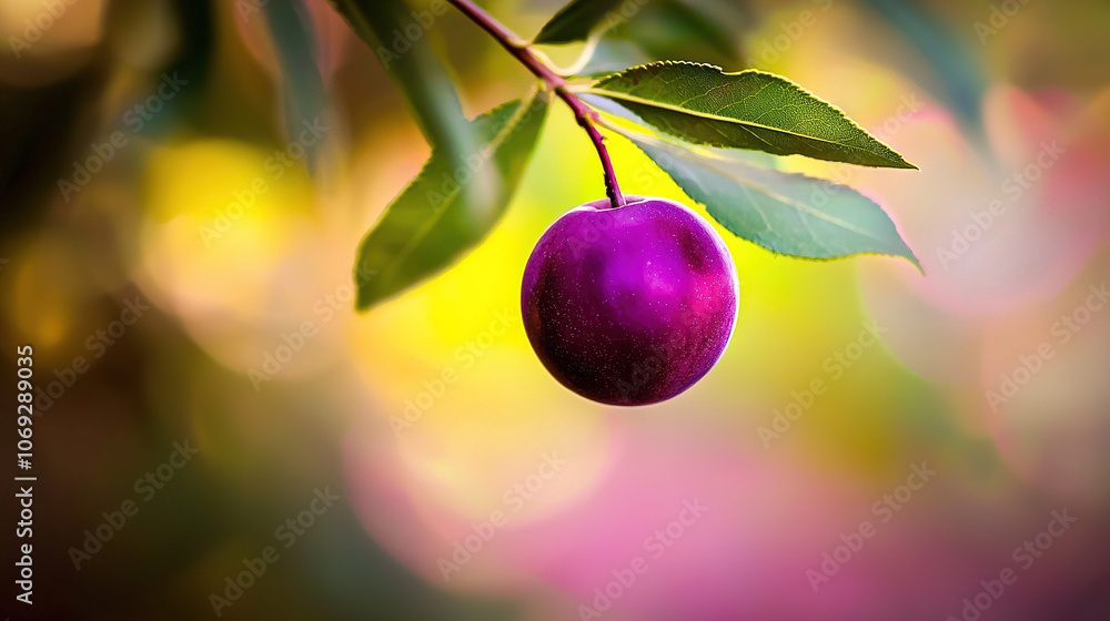 Poster   A close-up of a plum on a tree branch with a blurry background of leaves and a blurry background