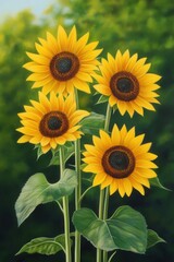 Fototapeta premium Vibrant sunflowers blooming in a lush green field