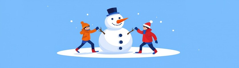 Kids enjoy playing in the snow while building a cheerful snowman with a huge carrot nose