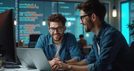 Young Caucasian software developers discussing code in a coworking space, with programming code overlay.