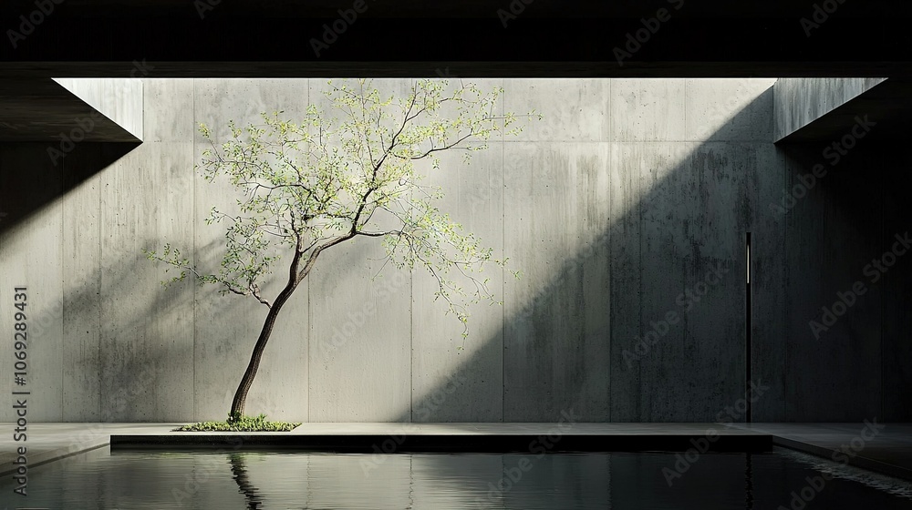 Poster a tiny tree floating atop a water pool in a room with a concrete backdrop