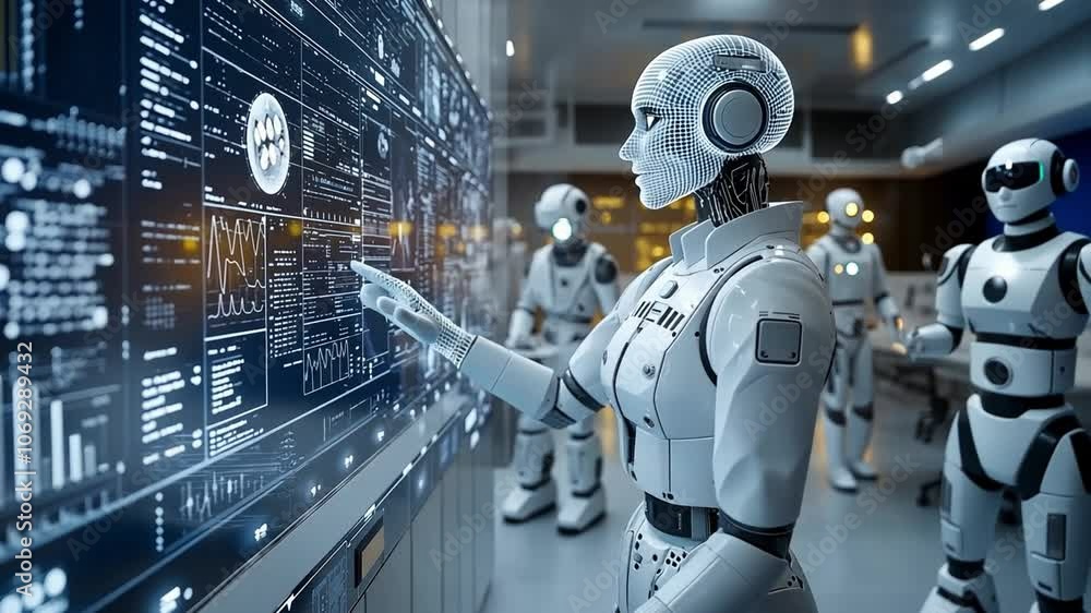 Poster robots interact with a digital interface in a futuristic control room demo