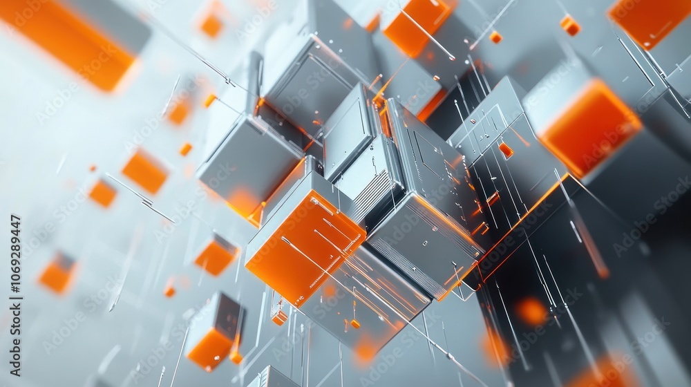 Poster abstract 3d composition of cubes and lines in orange and gray tones.