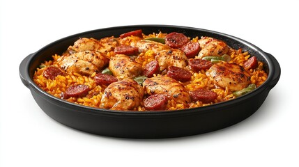   A casserole dish with chicken, rice, and pepperoni