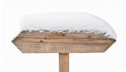 Snow covered wooden road sign isolated on white background. Way direction.