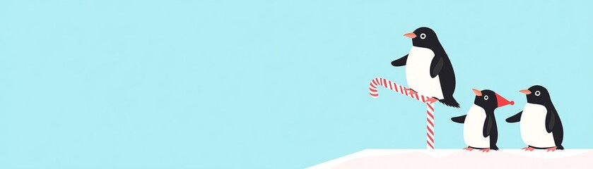 Obraz premium Cheerful penguins celebrate christmas by balancing on a candy cane amidst kids' excitement