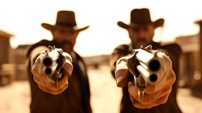 A pair of cowboys engaged in a duel, standing in a deserted town with their hands hovering over their pistols. Simplified Old West showdown with a focus on their stance.


